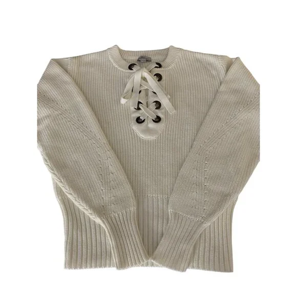 Olivia Warren Lace-Up Cream Knit Sweater With Oversized Eyelets & Ties Large - Picture 11 of 11